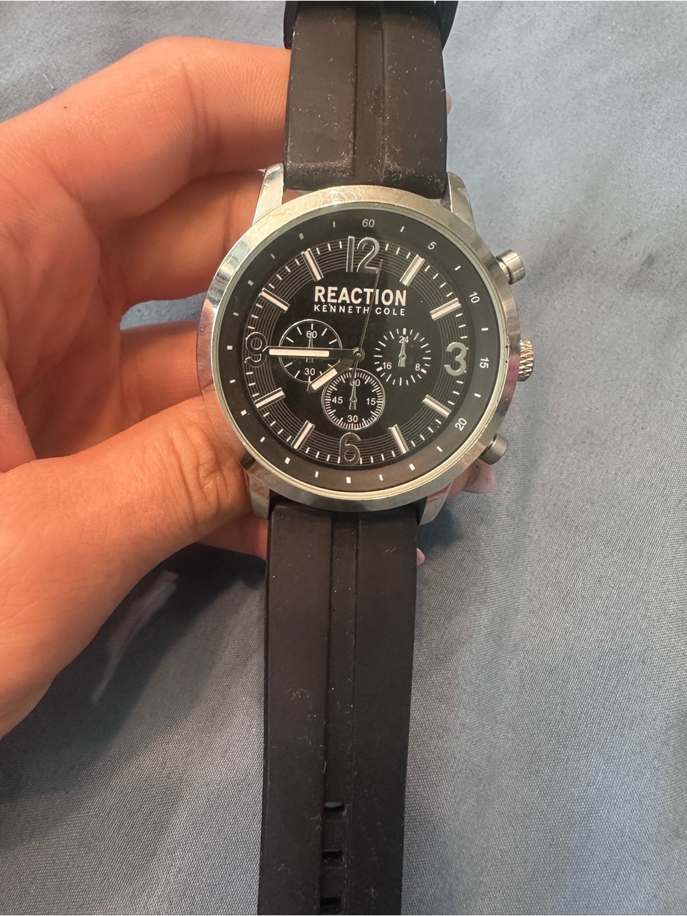 Reaction Kenneth Cole Black Dial Silver Case Chronograph Watch with Black Strap